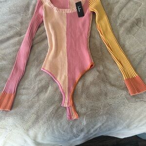 BRAND NEW Lulu's Colorful Ribbed Bodysuit in Pink and Yellow